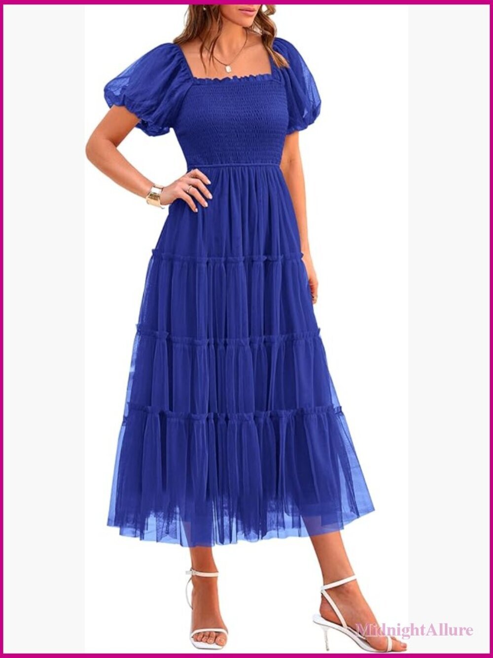 Smocked Midi Tulle Dress Square Neck Puff Sleeve Tiered Ruffle Wedding Guest